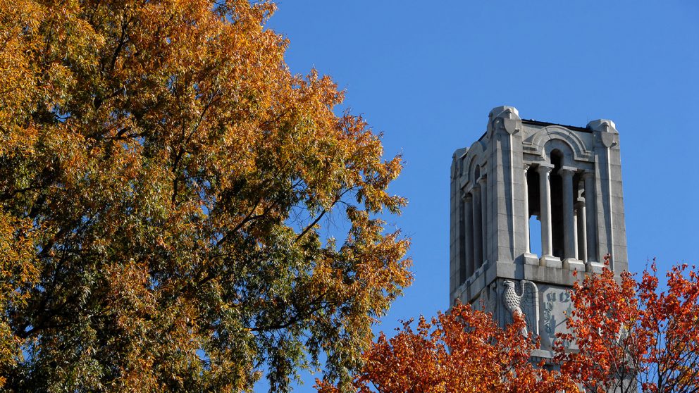 Belltower with fall leaves