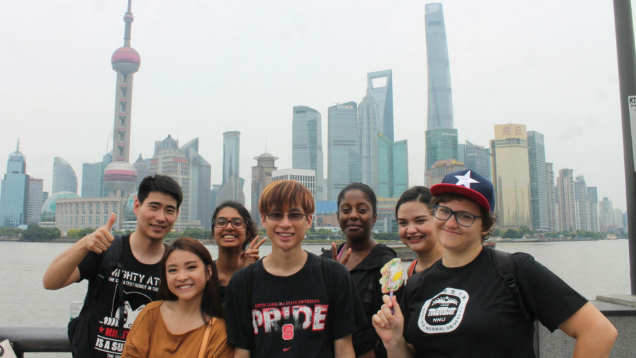 Seven students pose together during study abroad trip