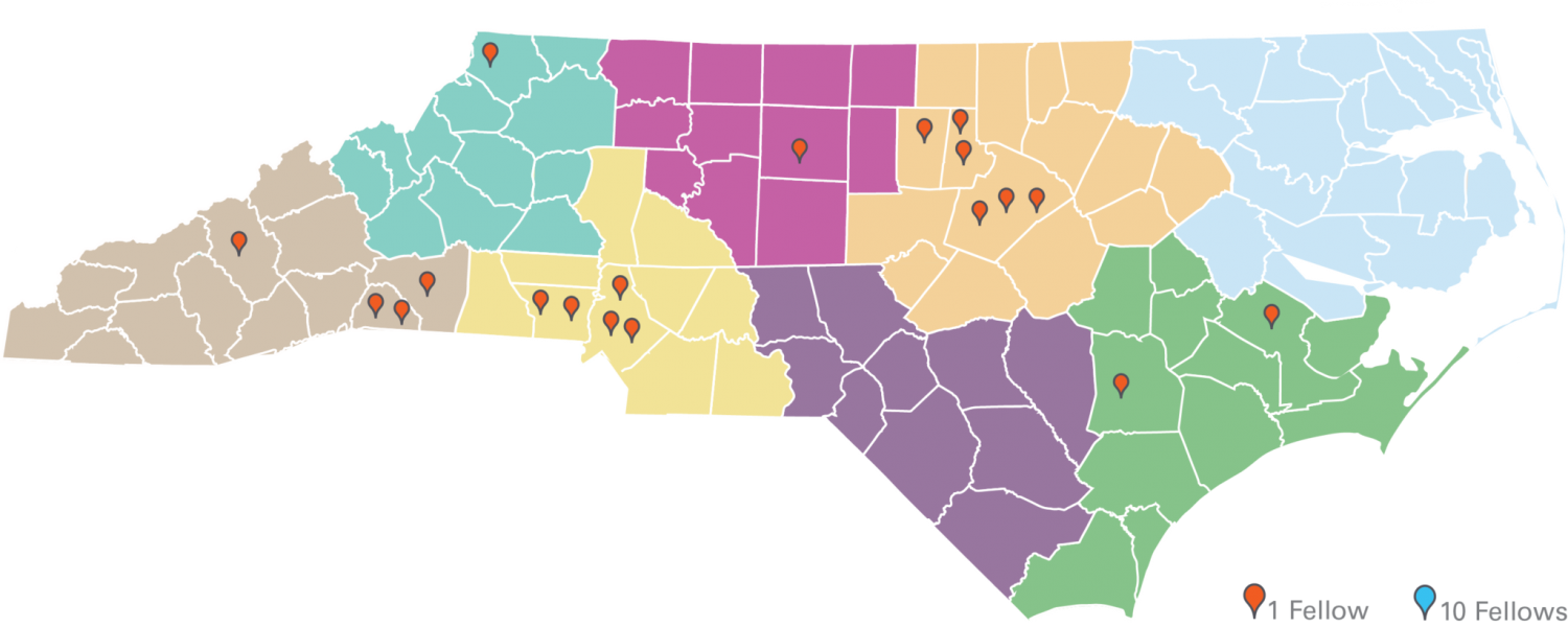 map of different regions of North Carolina with flags indicating counties where Kenan Fellows will work