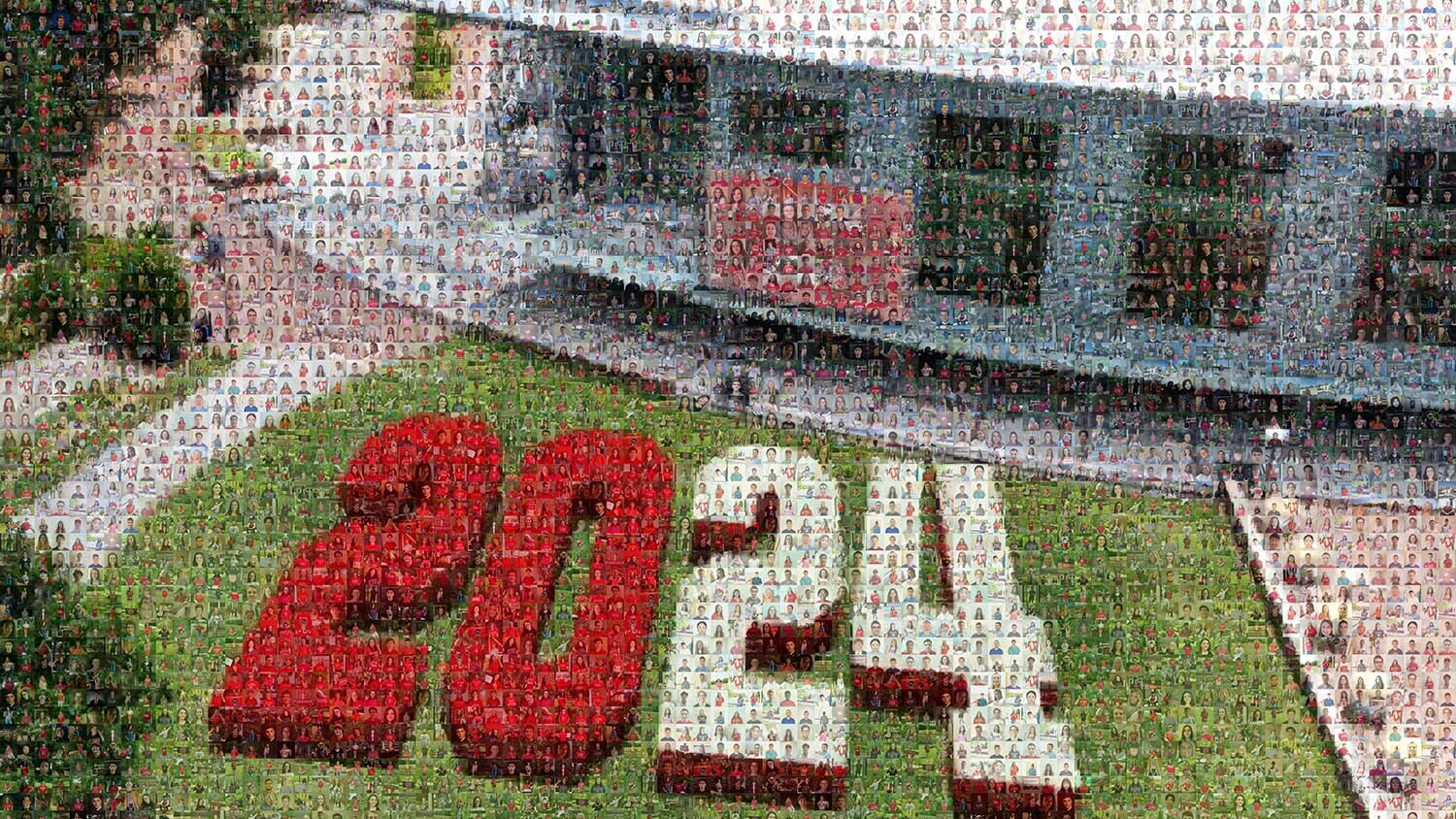 virtual mosaic displaying students spelling 2024 in front of Talley