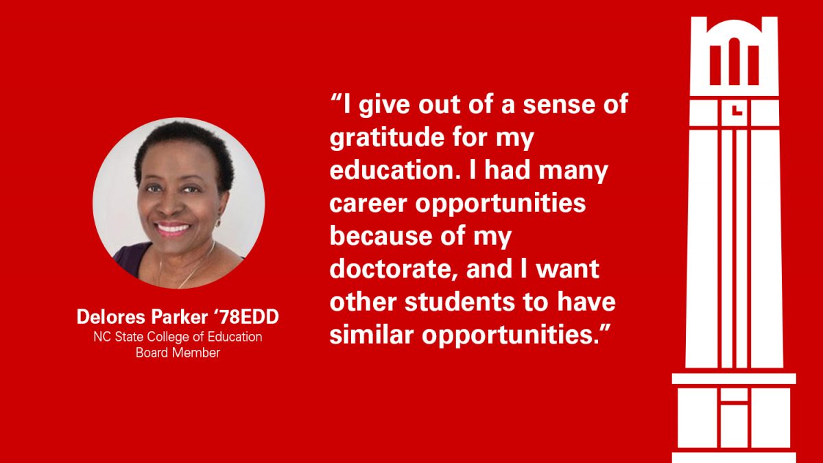 headshot of Delores Parker on a red background with rendering of belltower and quote about her giving out of gratitude for the opportunities she had