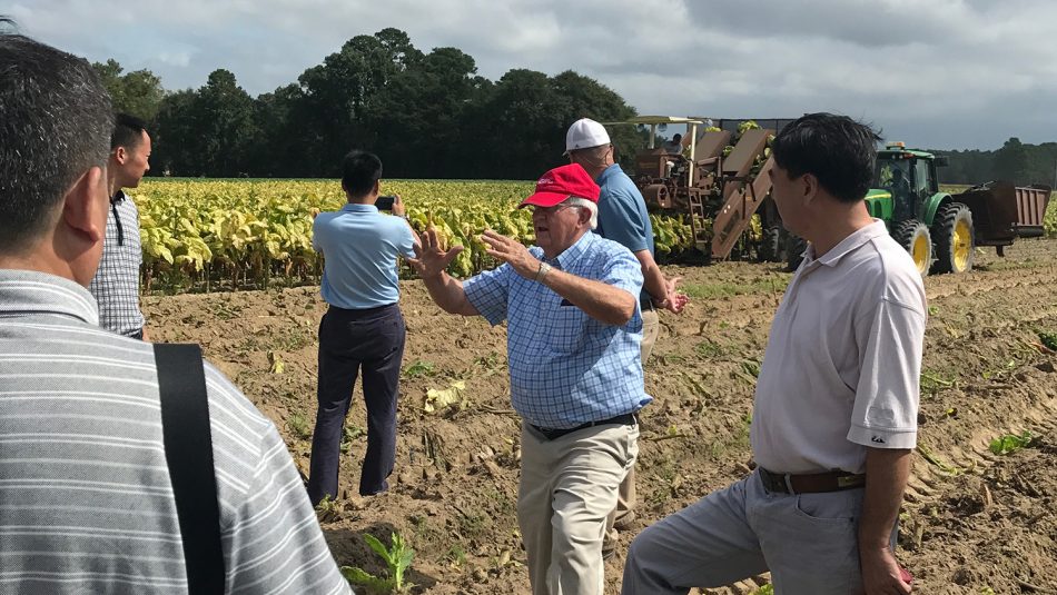 Bill Collins talking to visitors in a tobacco field