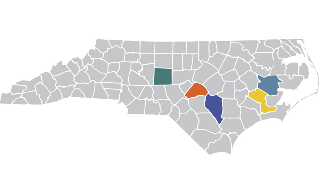 county map of North Carolina with Randolph, Harnett, Sampson, Beaufort, and Craven counties highlighted