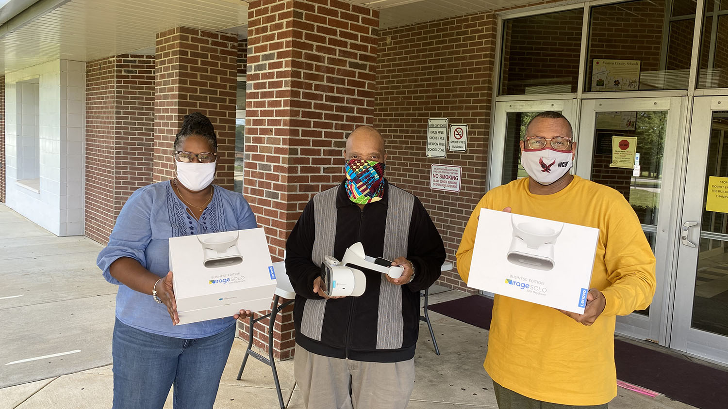 Educators in Warren County, N.C., with their donated virtual reality headsets
