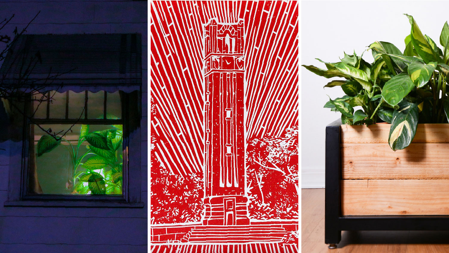2021 Arts NC State Visual Artist Award winners (L-R): “A Dream of You” by Martina Gonzalez Bertello, “Beaming Belltower” by Abby Lewis, steel and cedar planter box by Connor Gary.
