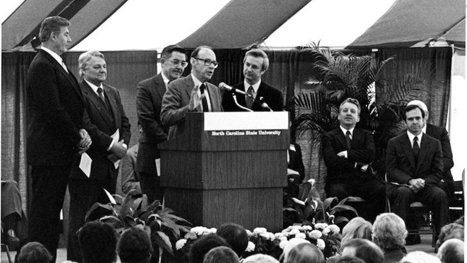 Founding dean Terry Curtin speaks during the CVM's dedication ceremony, 1983. University Archives Photograph Collection.
