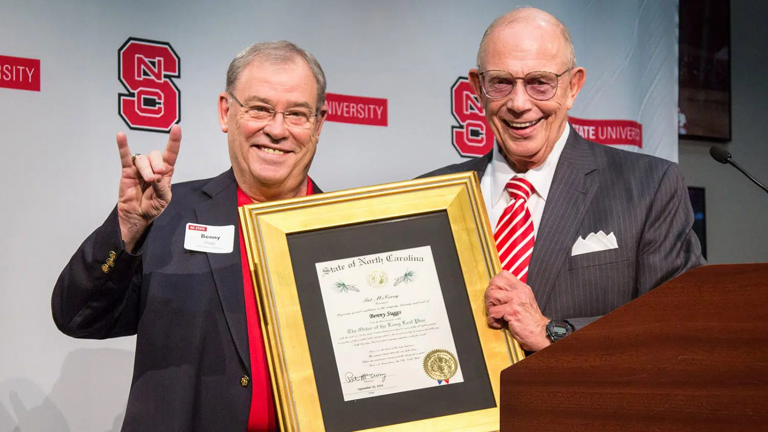 Benny Suggs, left, receiving the Order of the Long Leaf Pine in 2017.