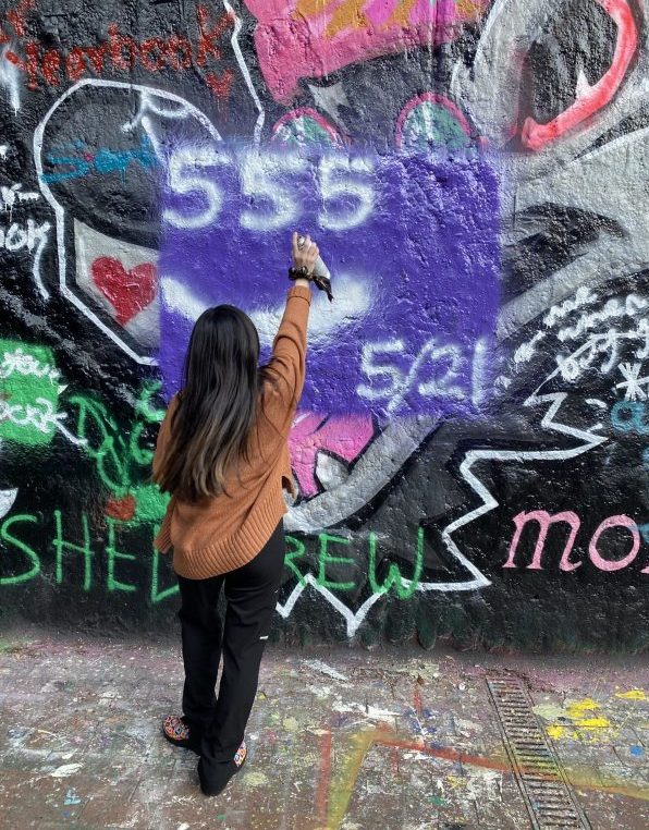 Loujain Al Samara tagging the Free Expression Tunnel with spray paint.