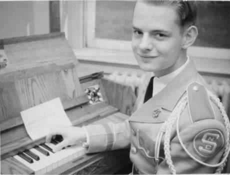 black and white photo of Ralph Daniel at the carillon