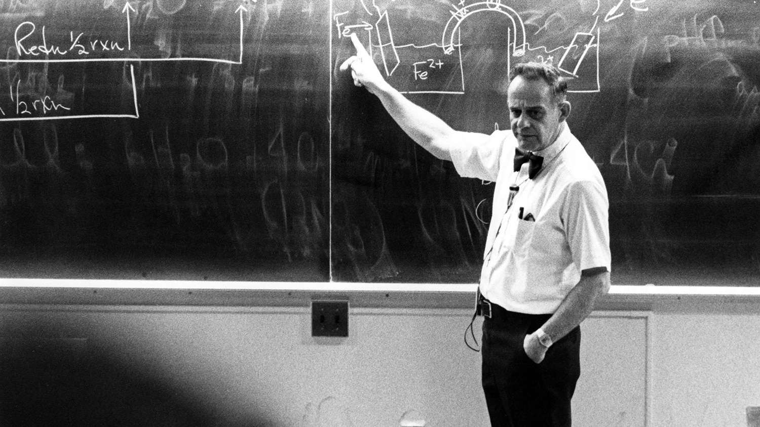 Forrest Hentz at the blackboard in Dabney 222 in the 1960s.