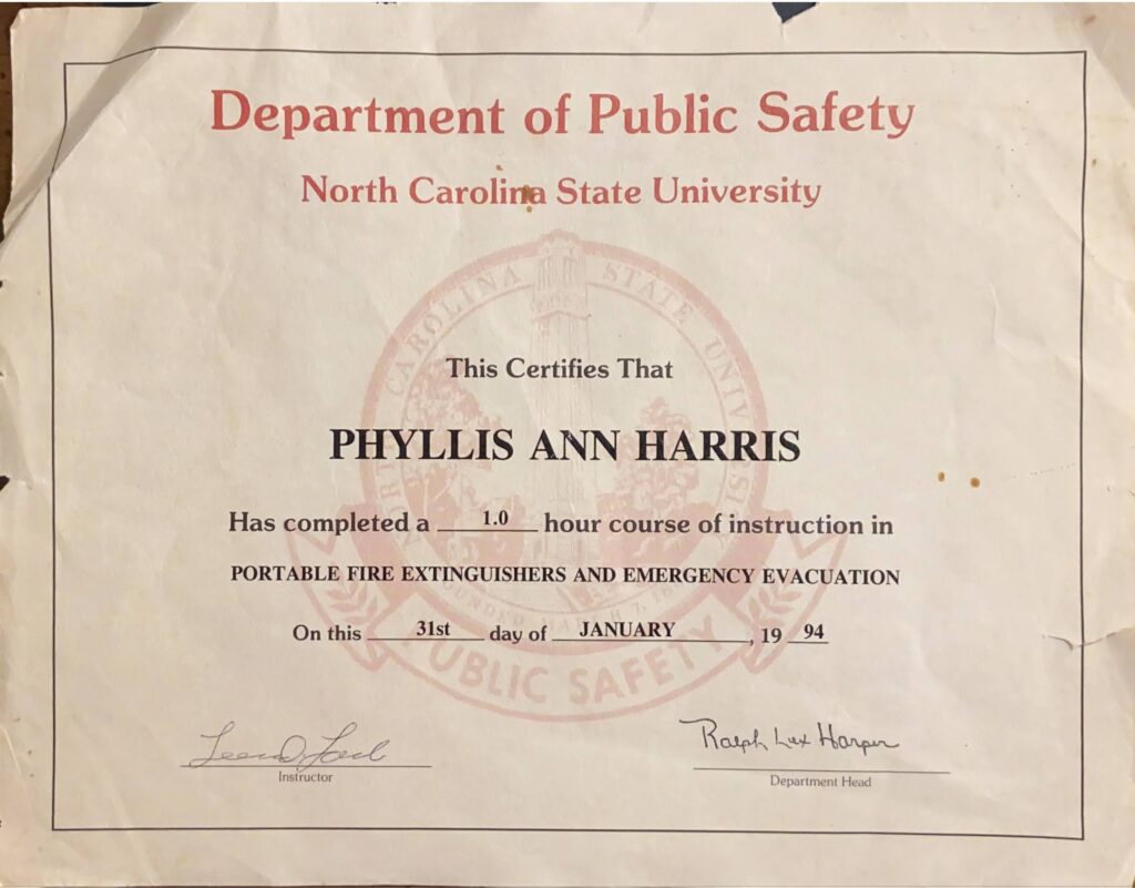 Department of Public Safety certificate for Phyllis Harris from 1994
