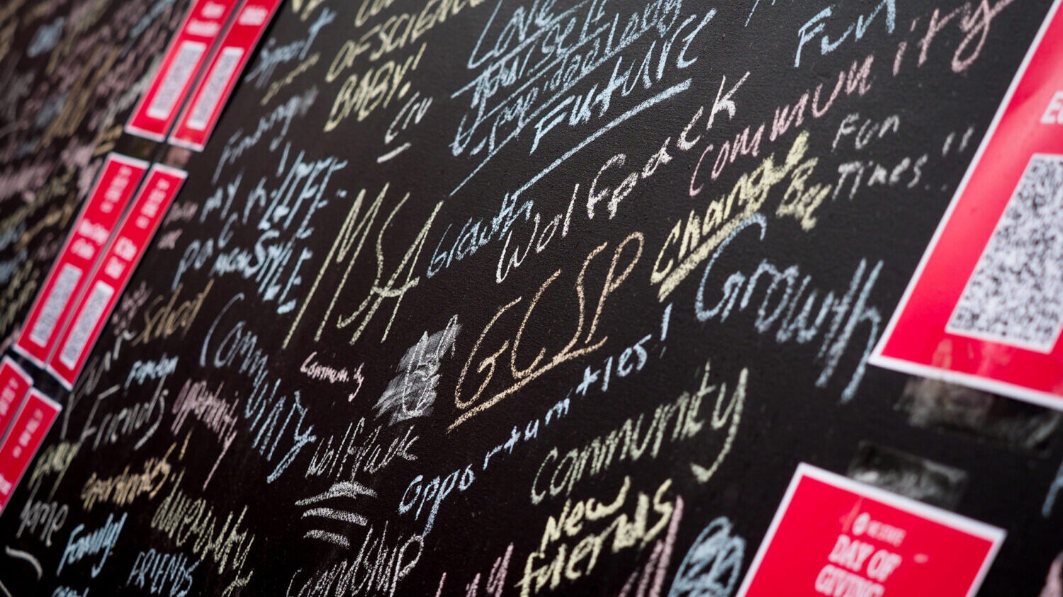 a chalkboard filled with positive phrases from students sharing what NC State means to them