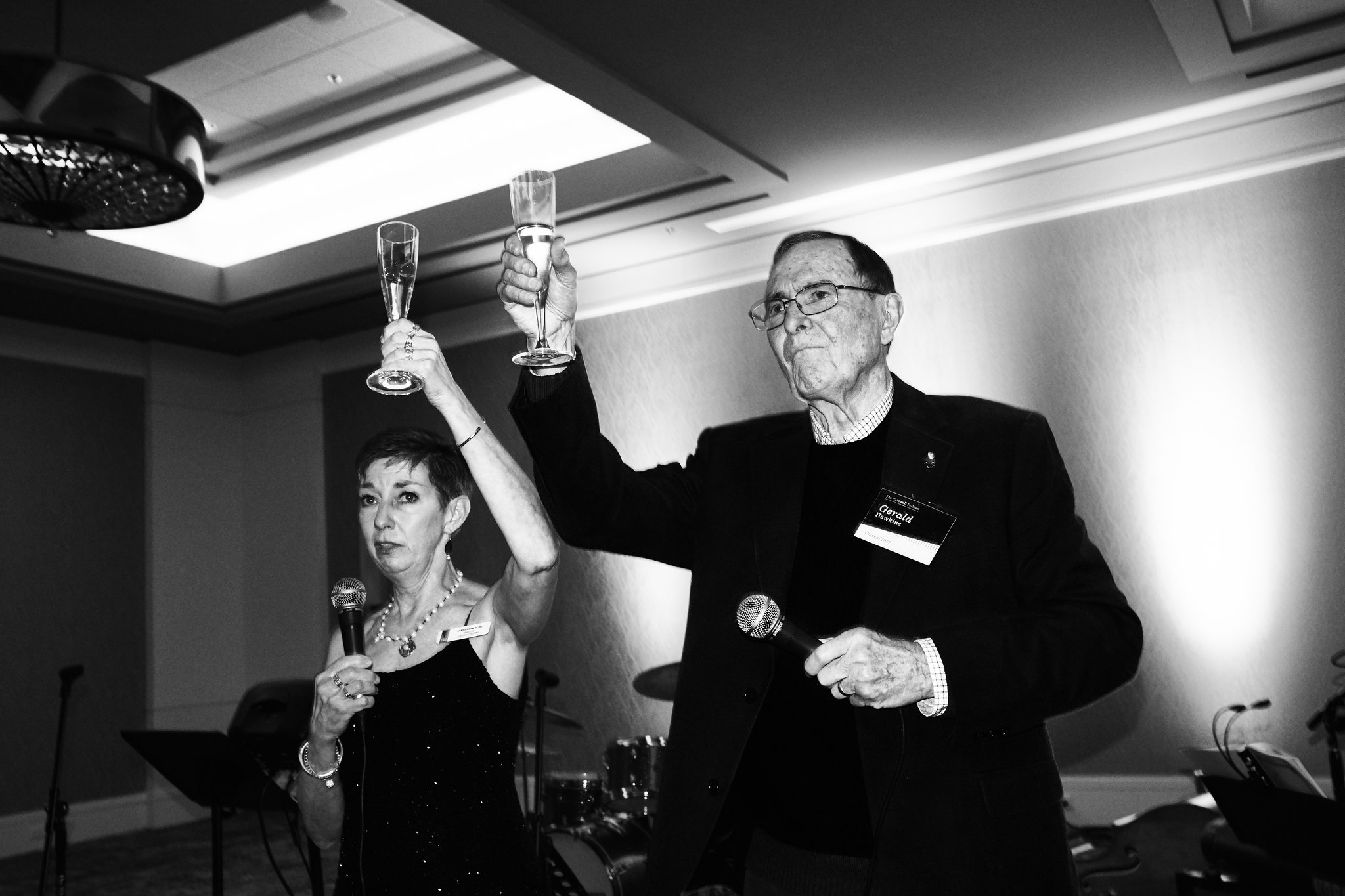 Dr. Janice Odom and Dr. Gerald Hawkins toast at the Caldwell Fellows program 50th anniversary celebration.