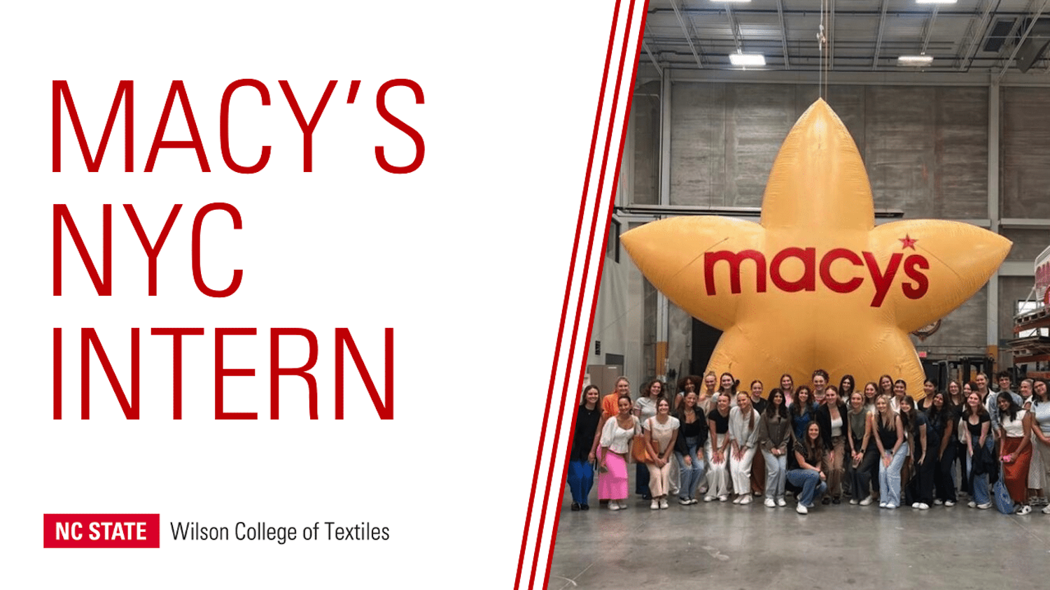 Macy's NYC Intern infographic with photo of interns in front of a Macy's star parade balloon.