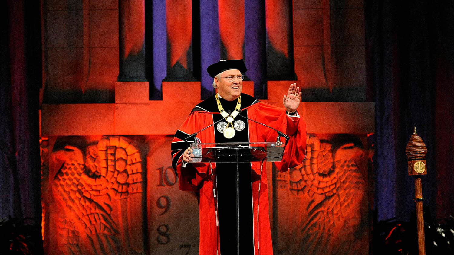 Chancellor Randy Woodson waves to the crowd at his installation ceremony in 2010.