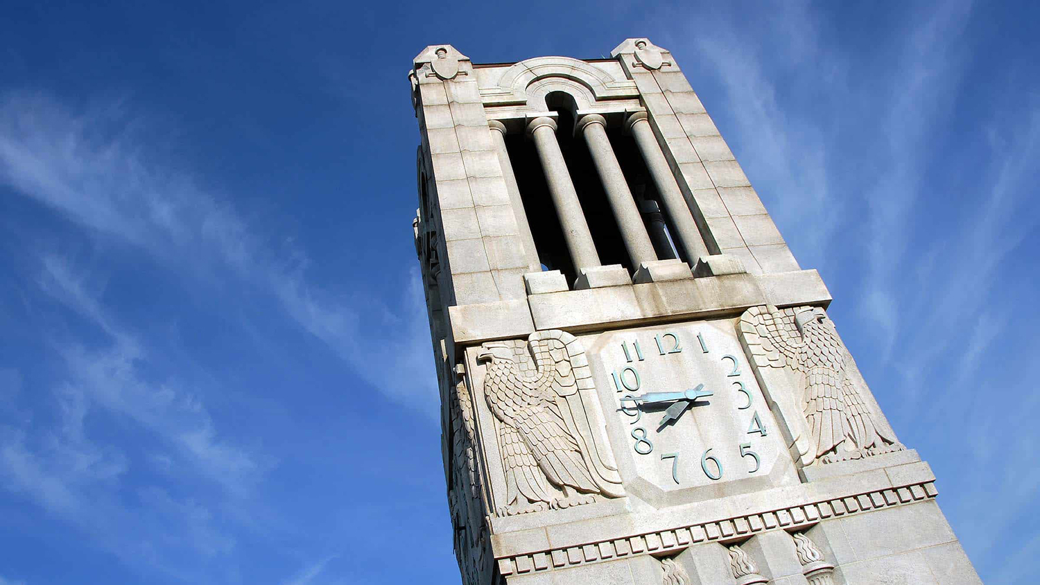 An up-close photo of the top of the Memorial Belltower