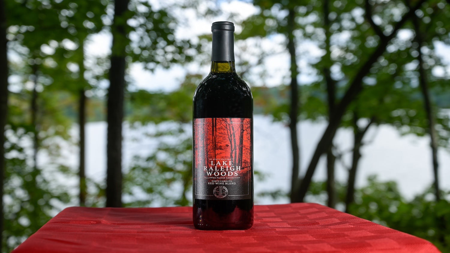 A bottle of NC State's new Lake Raleigh Woods wine