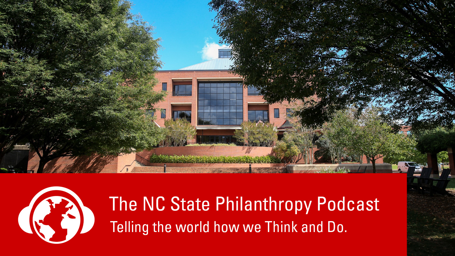 NC State Philanthropy Podcast infographic with photo of Wilson College of Textiles building