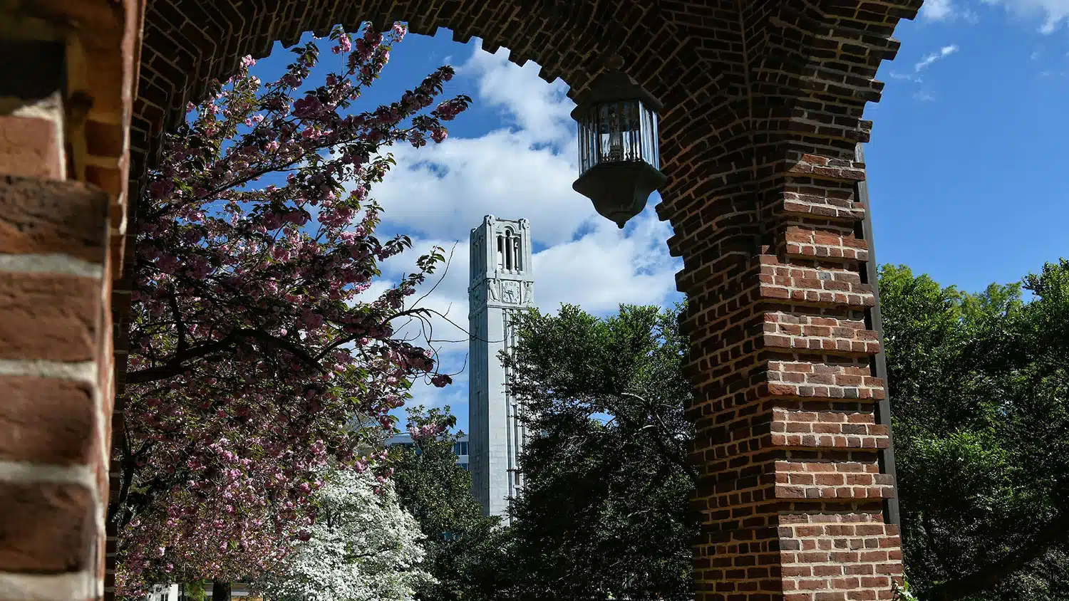 The Memorial Belltower as seen from the porch of Holladay Hall