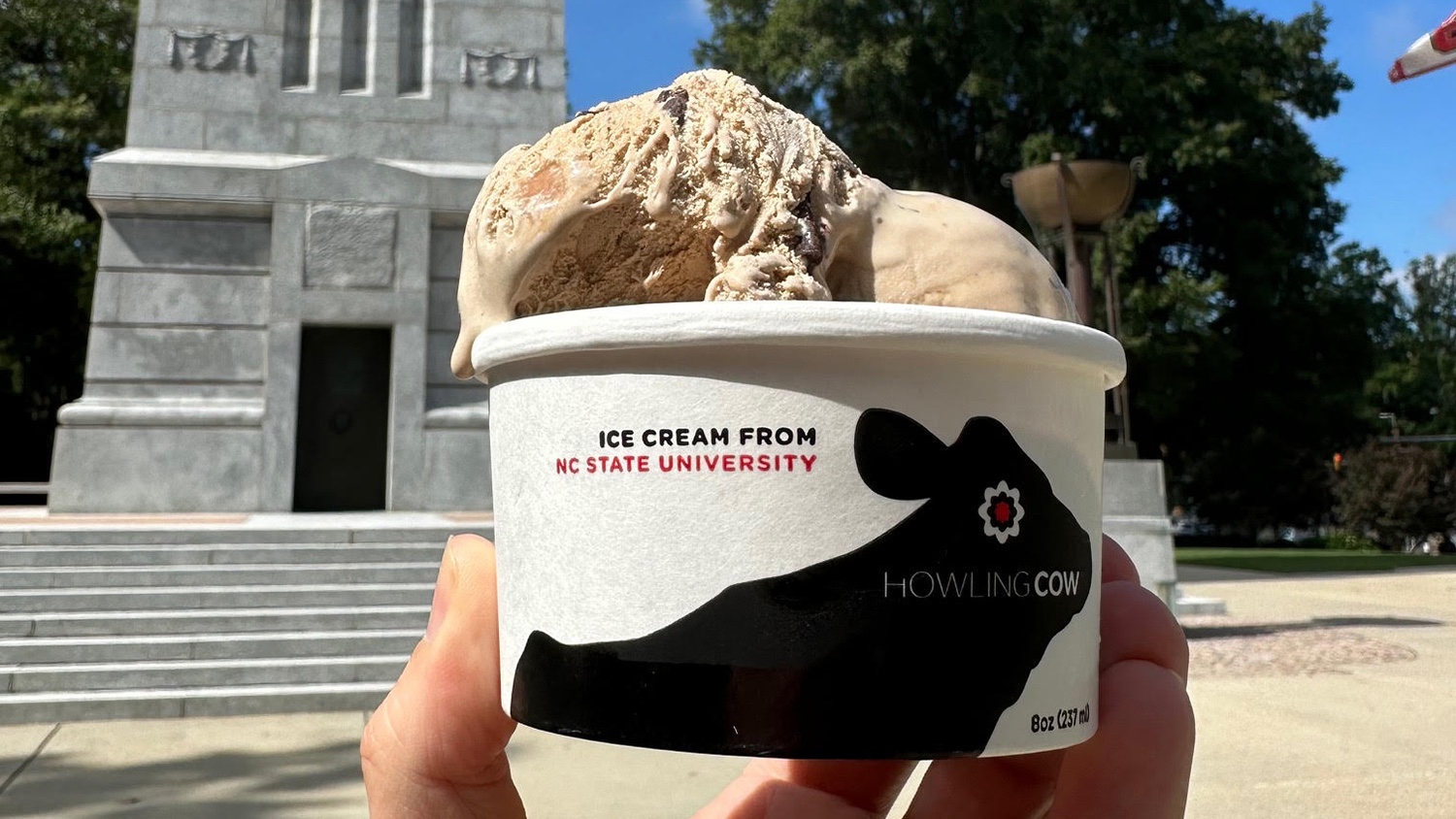 Howling Cow ice cream in front of the Memorial Belltower at Henry Square