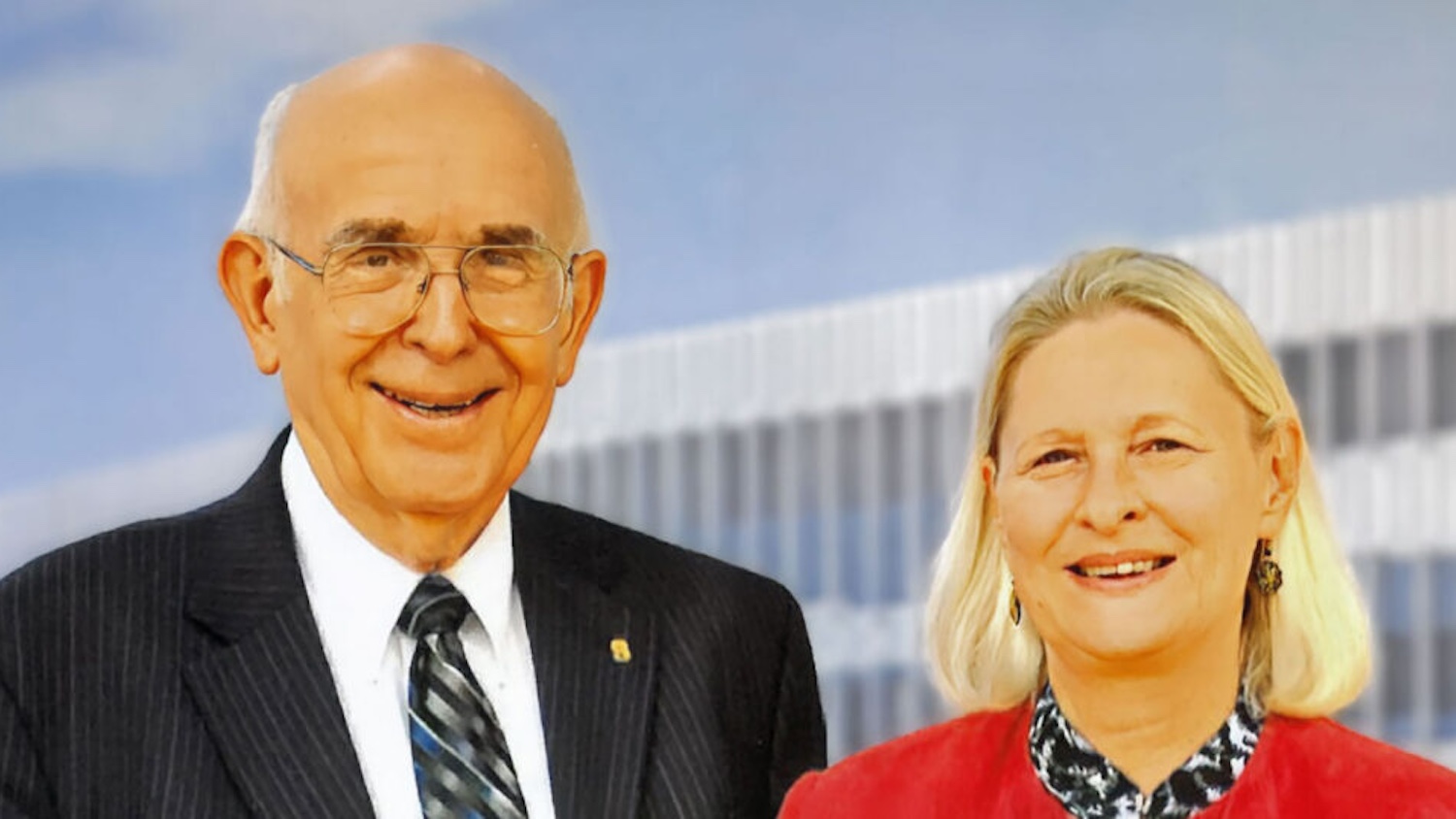 Richard Bernhard and his late wife, Cindy, in front of Fitts-Woolard Hall.