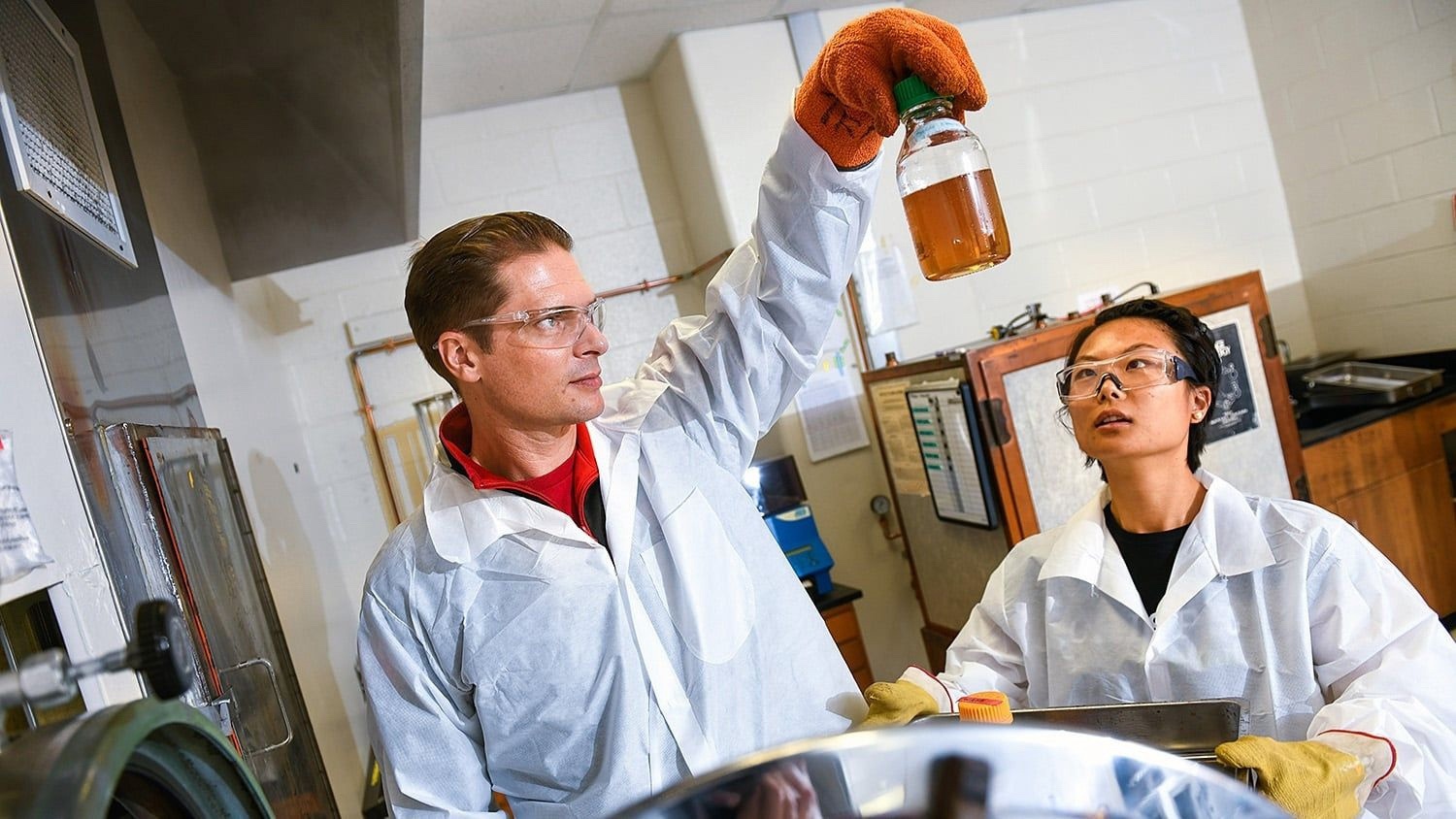 CRISPR expert Rodolphe Barrangou (left) in the lab with Echo Pan, who earned a Ph.D. in functional genomics from NC State last fall.