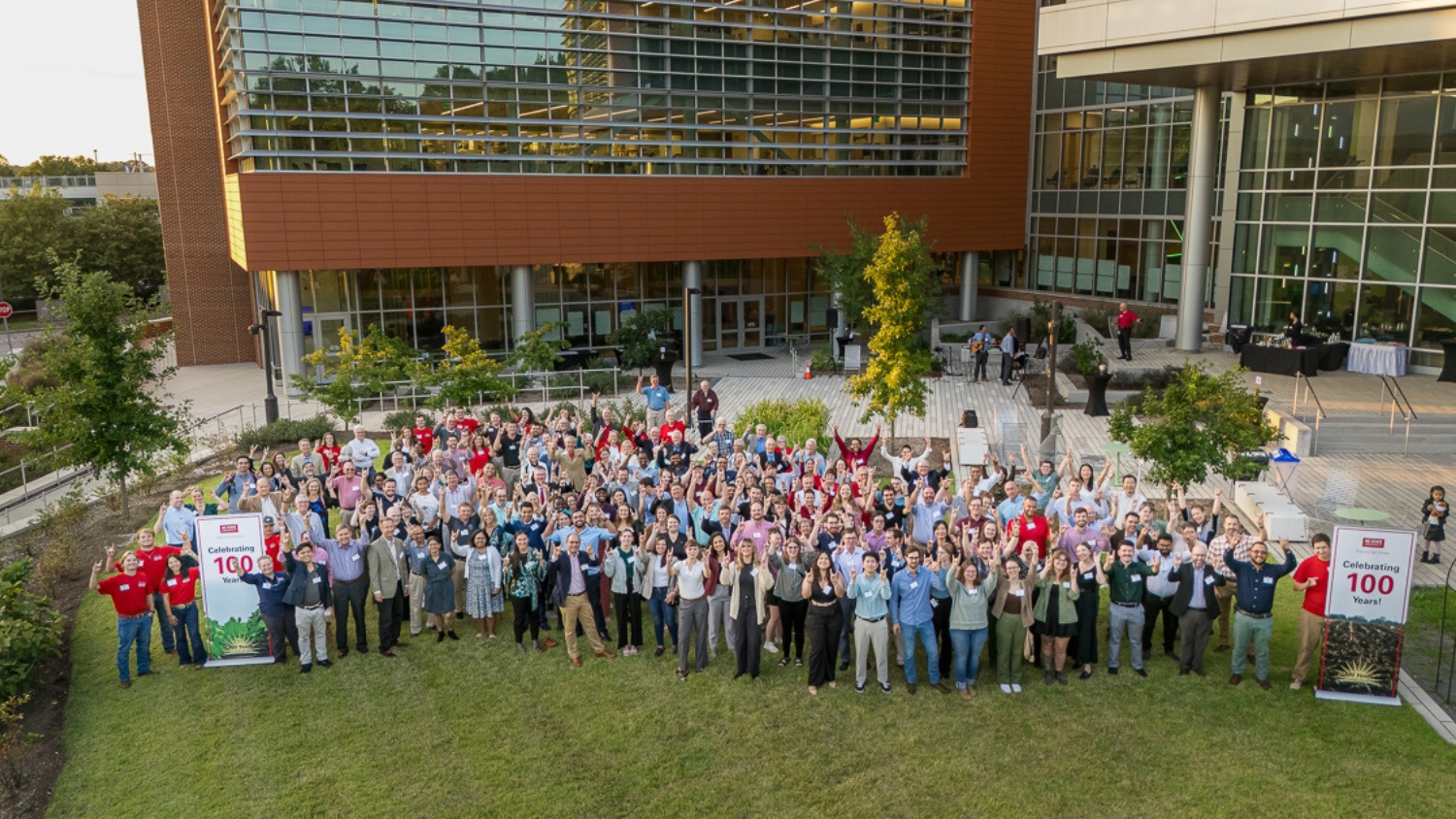 Members of the Department of Crop and Soil Sciences pose for a photo in front of the Plant Sciences Building