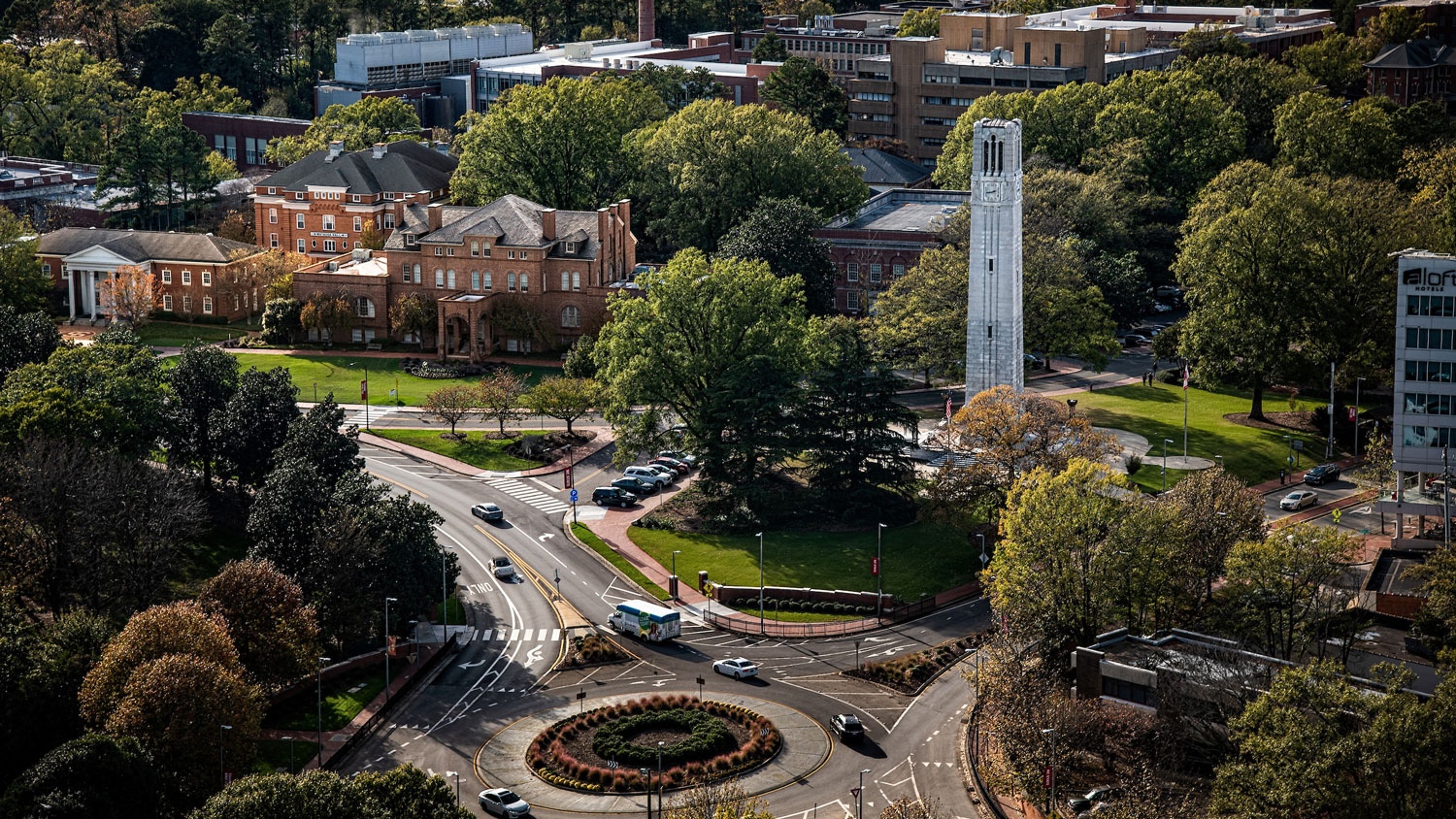 Aerial view of the Memorial Belltower and Holladay Hall