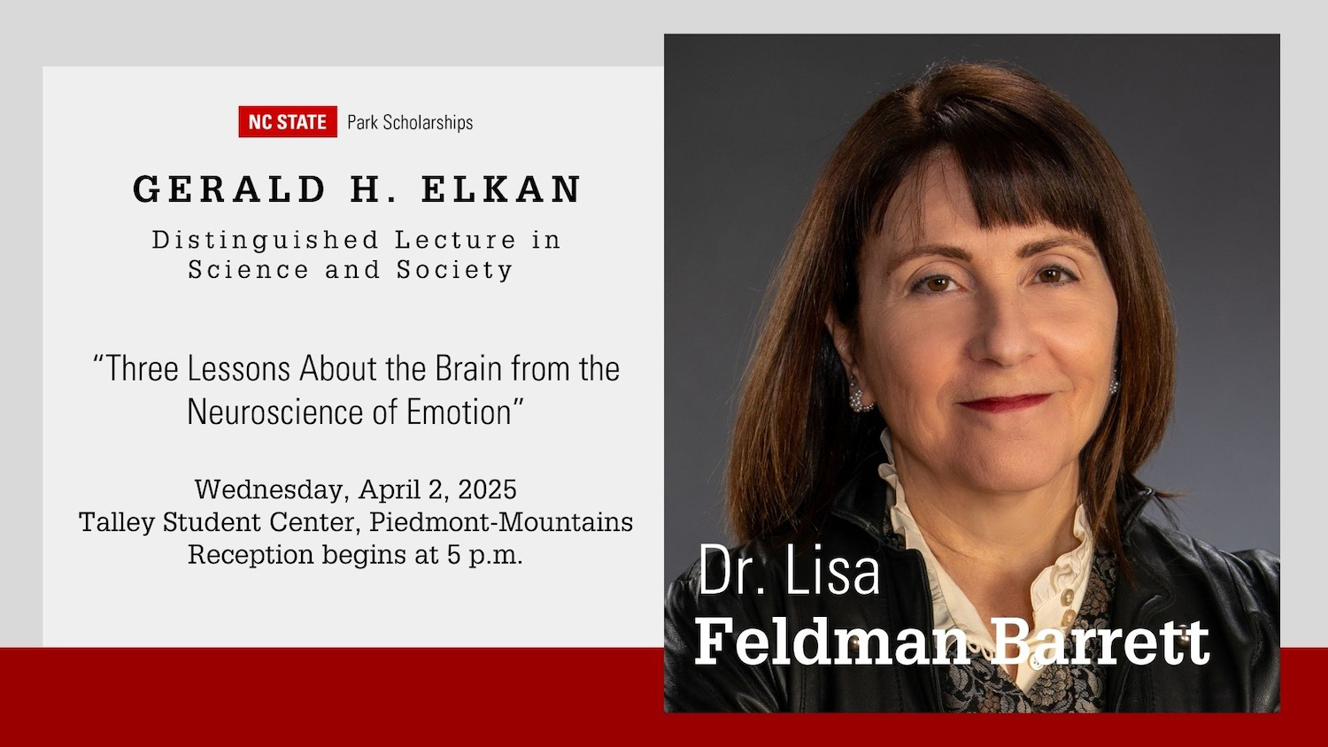 Gerald H. Elkan Distinguished Lecture in Science and Society infographic featuring Dr. Lisa Feldman Barrett