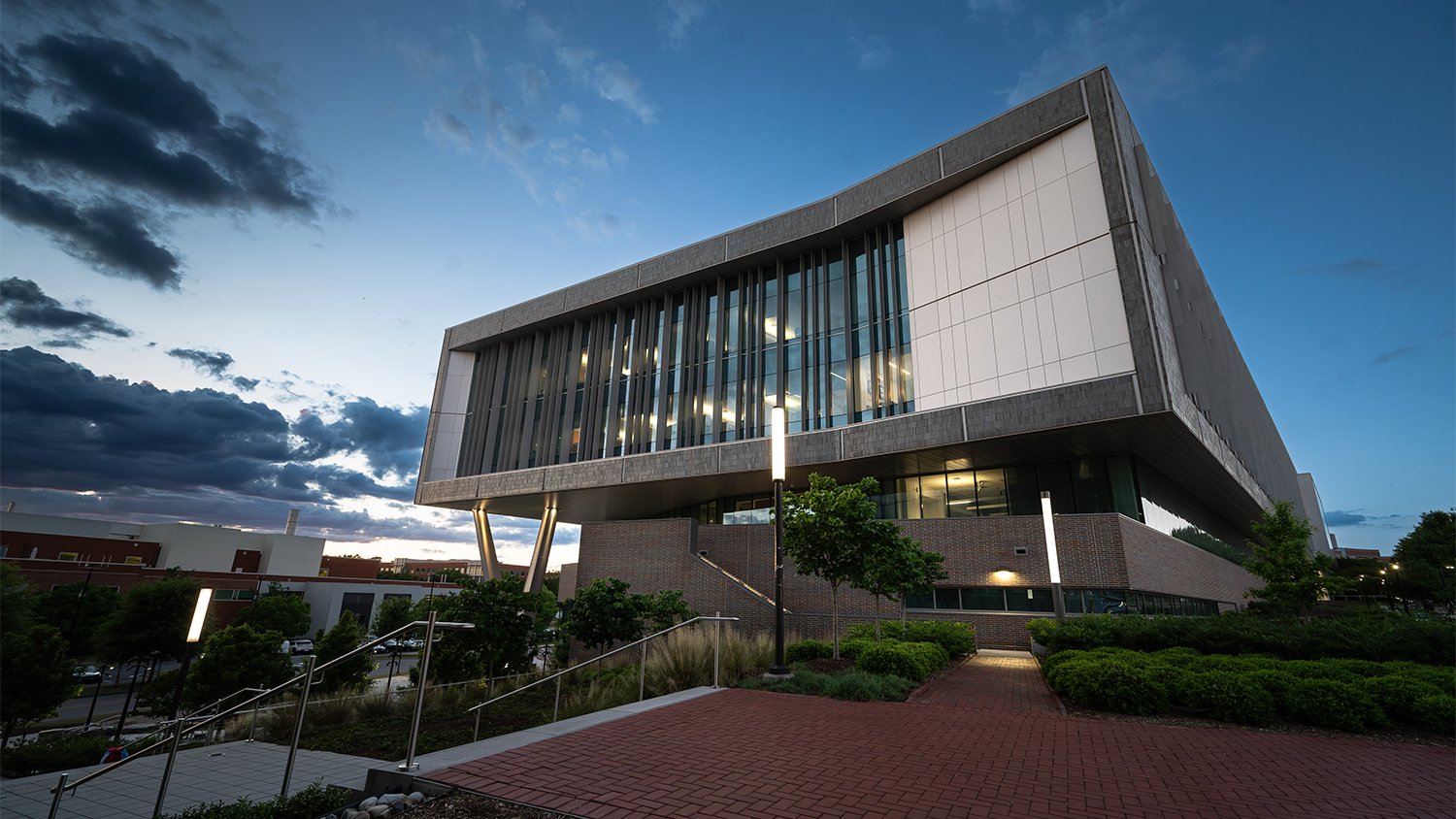 Fitts-Woolard Hall at dusk