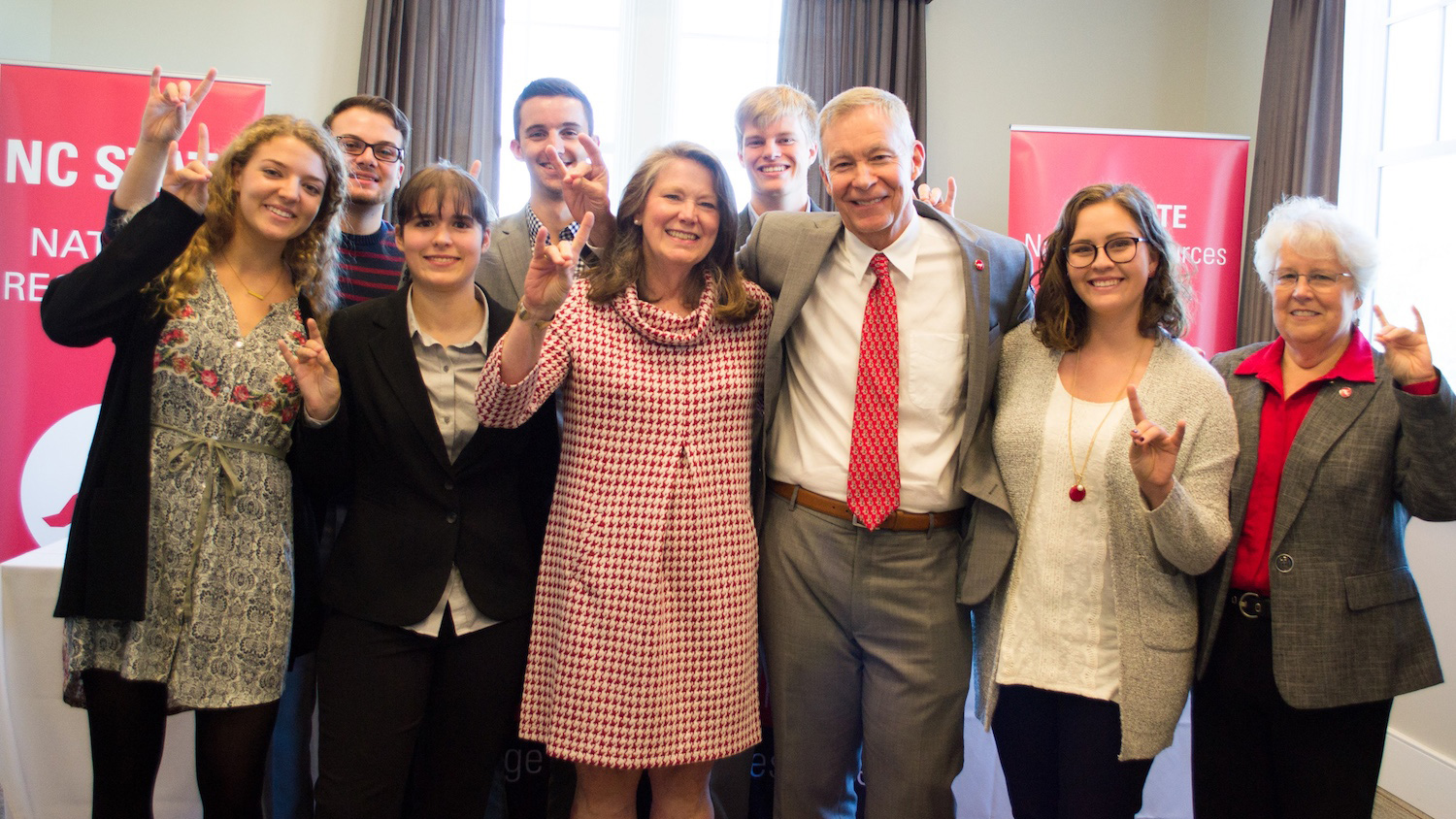 Ron and Dale Terry, center, with several students in the College of Natural Resources and then-Dean Mary Watzin.