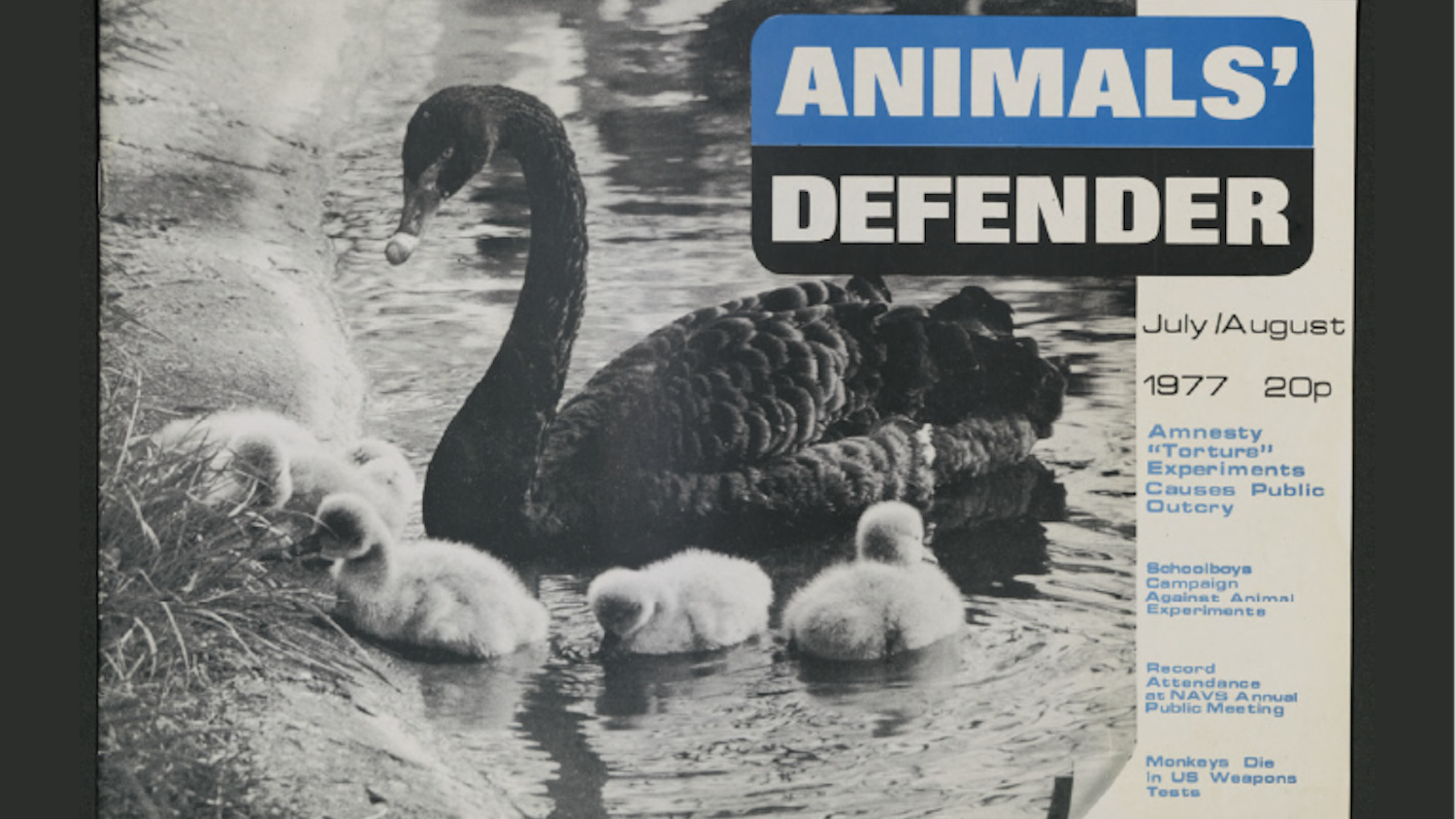 Black-and-white scan of the cover of a 1977 issue of Animals’ Defender magazine.