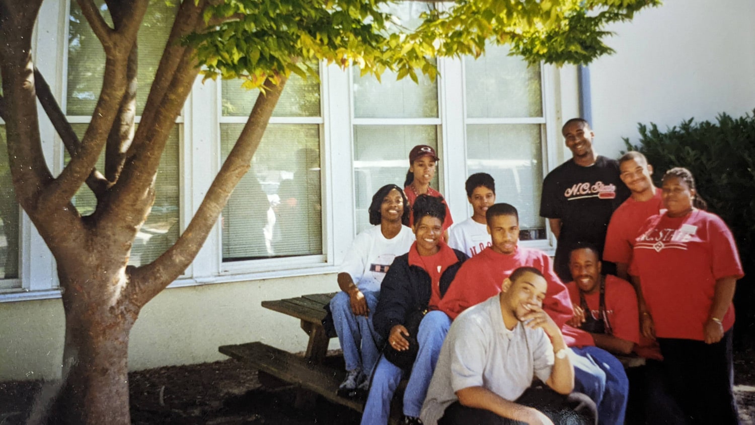 Jamila Simpson (far back, center), associate dean for college success and well-being, with other members of the Society for Multicultural Scientists in the 1990s.