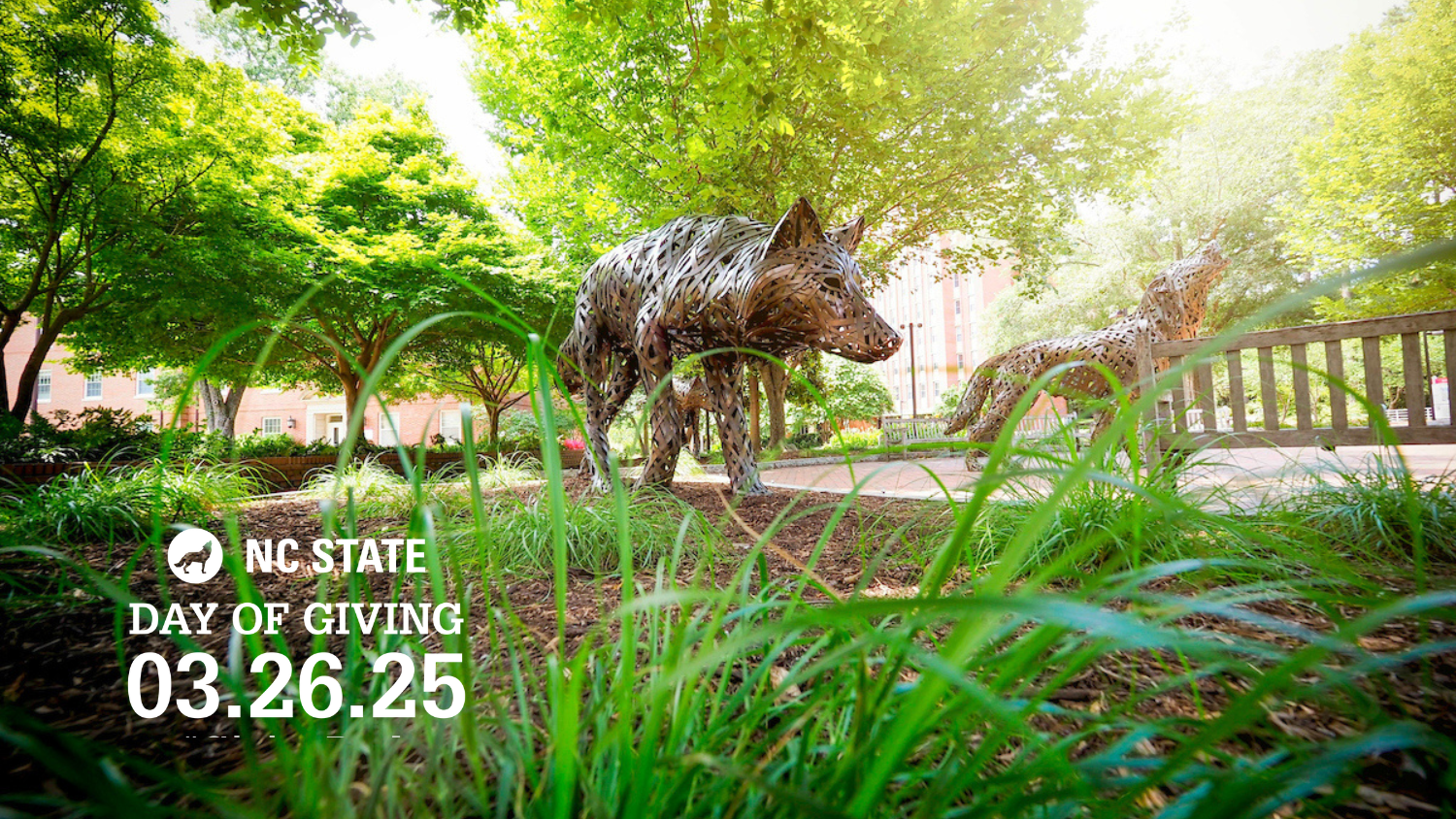 Wolf Plaza statues with a Day of Giving 2025 lockup overlaid.